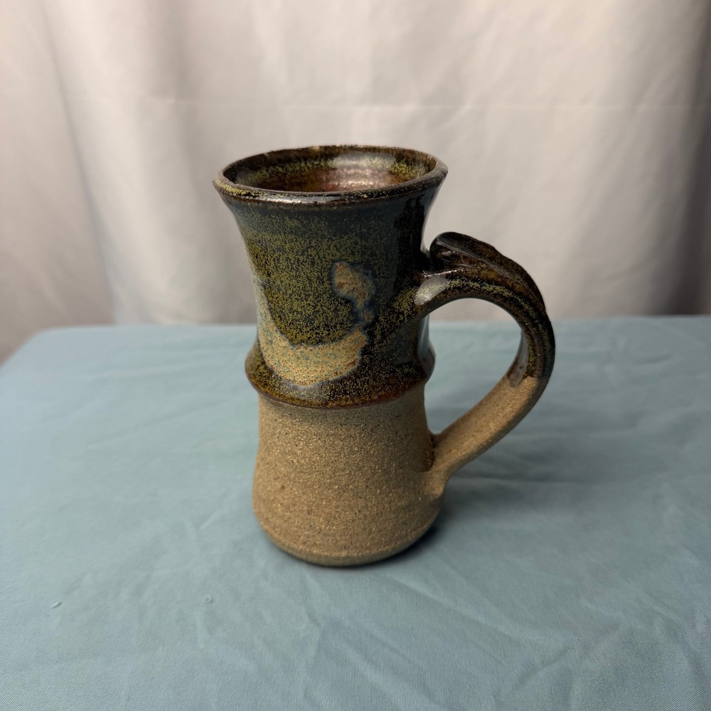 VTG Signed Studio Pottery Mug Hand Thrown Stoneware Thumb Rest Bird Glaze